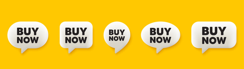 Buy Now tag. 3d chat speech bubbles set. Special offer price sign. Advertising Discounts symbol. Buy now talk speech message. Talk box infographics. Vector