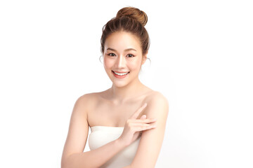 Beautiful young asian woman with clean fresh skin on white background, Face care, Facial treatment, Cosmetology, beauty and spa, Asian women portrait.