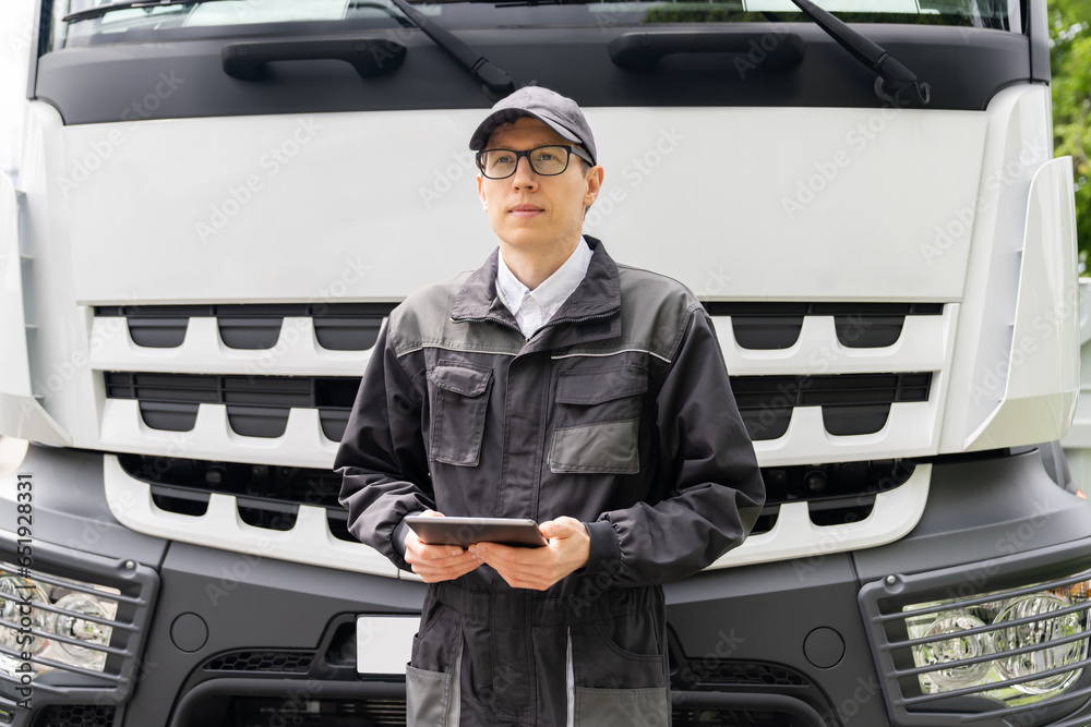 Poster manager with a digital tablet next to truck. fleet management..