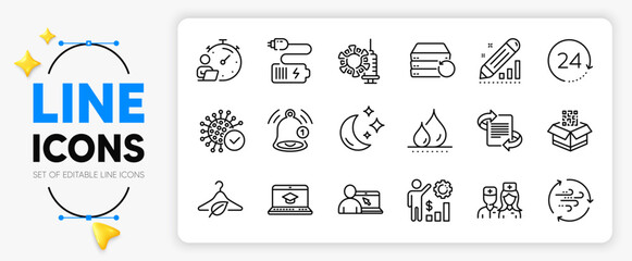 Coronavirus, Battery and Qr code line icons set for app include Waterproof, Marketing, Edit statistics outline thin icon. 24 hours, Online education, Website education pictogram icon. Vector