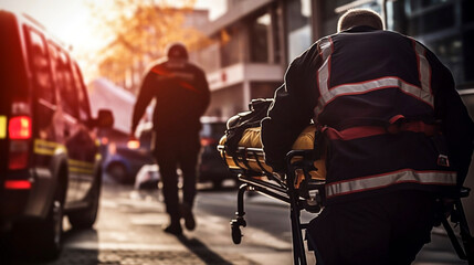 stockphoto, paramedic transporting a victim of a car accident on a stretcher, ambulance in the background. Medical personel on an car crash scene, transporting a traffic accident victim on a stretcher - obrazy, fototapety, plakaty