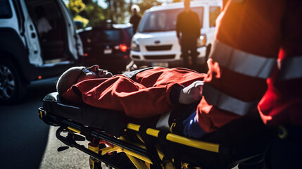 stockphoto, paramedic transporting a victim of a car accident on a stretcher, ambulance in the background. Medical personel on an car crash scene, transporting a traffic accident victim on a stretcher