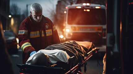 Fototapeta premium stockphoto, paramedic transporting a victim of a car accident on a stretcher, ambulance in the background. Medical personel on an car crash scene, transporting a traffic accident victim on a stretcher