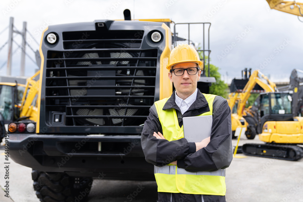 Poster Worker in a helmet with a digital tablet on the background of construction machine