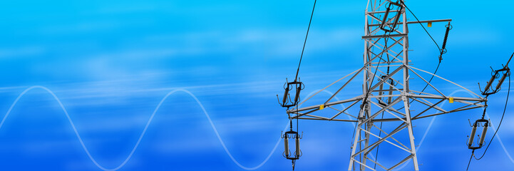 Steel high-voltage electricity pole on a blue background.