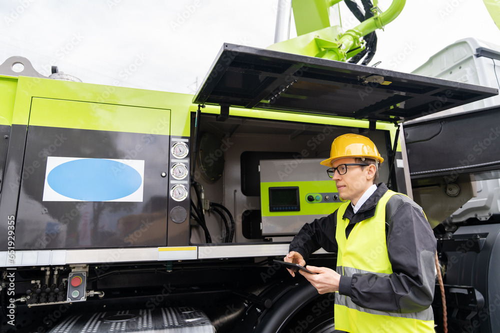 Poster worker with digital tablet operating construction machine equipment.