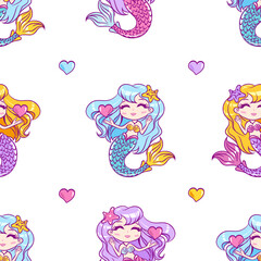 Seamless pattern of cute little mermaids with hearts.