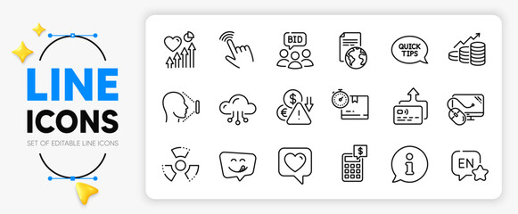 Computer mouse, Card and Yummy smile line icons set for app include Heart, Growth chart, Calculator outline thin icon. Heart beat, Translation service, Quickstart guide pictogram icon. Vector