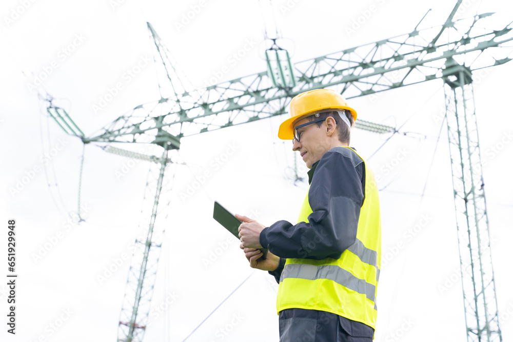 Aufkleber Engineer with digital tablet on a background of power line tower