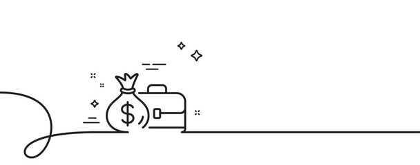 Business case line icon. Continuous one line with curl. Portfolio and Salary symbol. Diplomat with Money bag sign. Salary single outline ribbon. Loop curve pattern. Vector