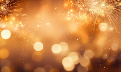 A sparkler emits shimmering light against a golden bokeh background. - obrazy, fototapety, plakaty