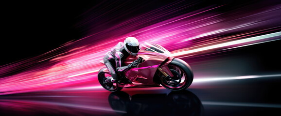 pink motorcycle with rider.
