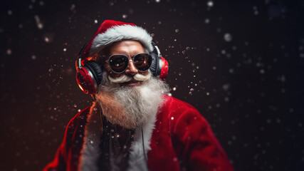 Cool Santa Claus is listening music in headphones - obrazy, fototapety, plakaty