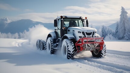 Tractor in winter plowing street or road, agricultural and snow on fields.