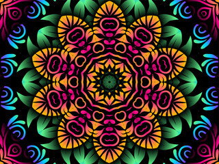Beautiful colourful caleidoscope gradient batik ethnic dayak flowers line art pattern