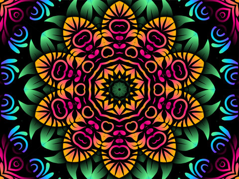 Beautiful colourful caleidoscope gradient batik ethnic dayak flowers line art pattern
