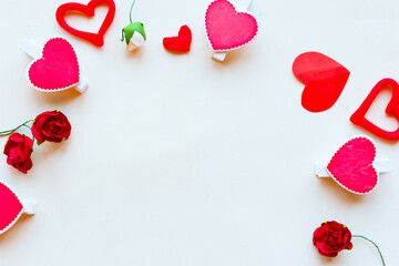 Round frame of hearts on white background, flat lay, top view, copy space. Valentine's day greeting card