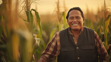 Portrait of a Native American Indian farmer in a corn field - obrazy, fototapety, plakaty