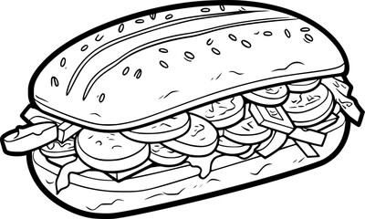 a black and white outline drawing of hotdog