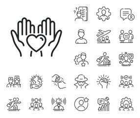 Fototapeta premium Friends love sign. Specialist, doctor and job competition outline icons. Hold heart line icon. Friendship hand symbol. Hold heart line sign. Avatar placeholder, spy headshot icon. Vector