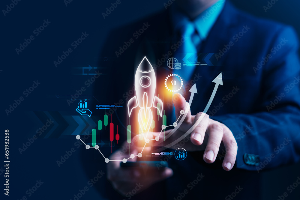 Poster strategic businessman analyzing data for financial growth