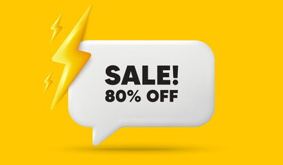 Sale 80 percent off discount. 3d speech bubble banner with power energy. Promotion price offer sign. Retail badge symbol. Sale chat speech message. 3d offer talk box. Vector