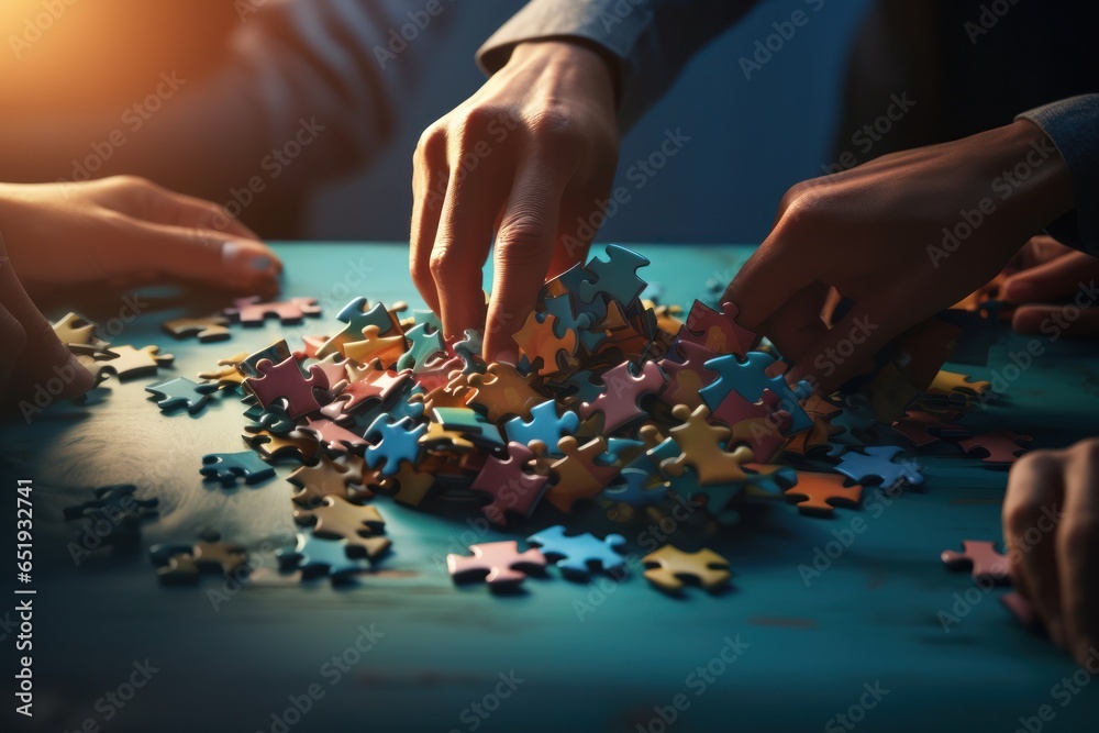 Poster A group of people working together to solve a puzzle. This image can be used to represent teamwork, problem-solving, collaboration, or brainstorming in various settings.