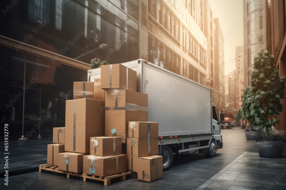 Poster a truck is parked in front of a bunch of boxes. this image can be used to depict transportation, log