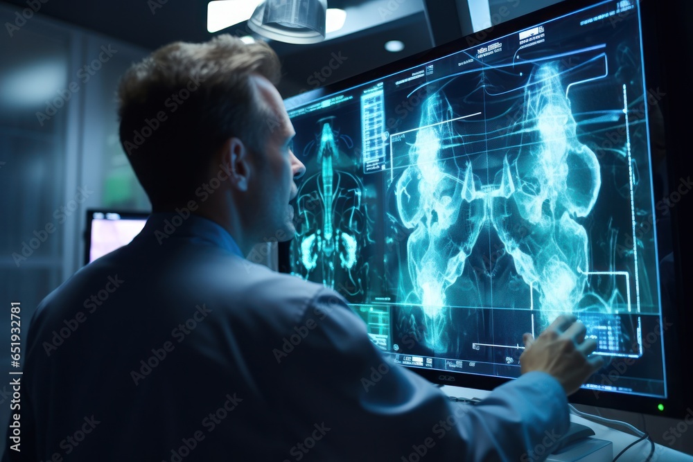 Poster A man in a lab coat is focused on a computer screen. This image can be used to depict scientific research, data analysis, or technology advancements.