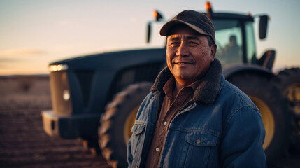 Portrait of a Native American Indian farmer in front of a tractor - Powered by Adobe