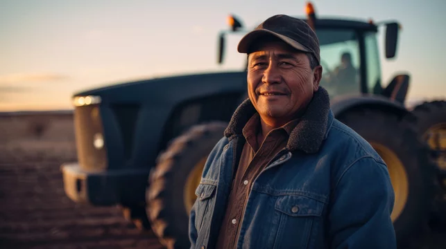 Portrait of a Native American Indian farmer in front of a tractor
