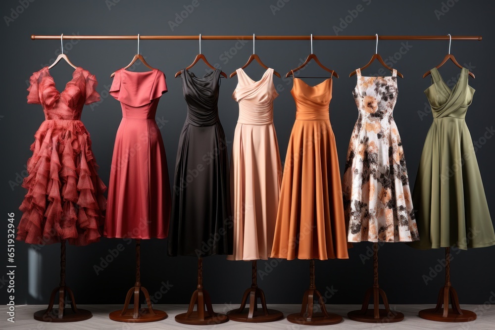 Poster A row of different colored dresses hanging on a rack. Suitable for fashion-related projects and retail advertisements.