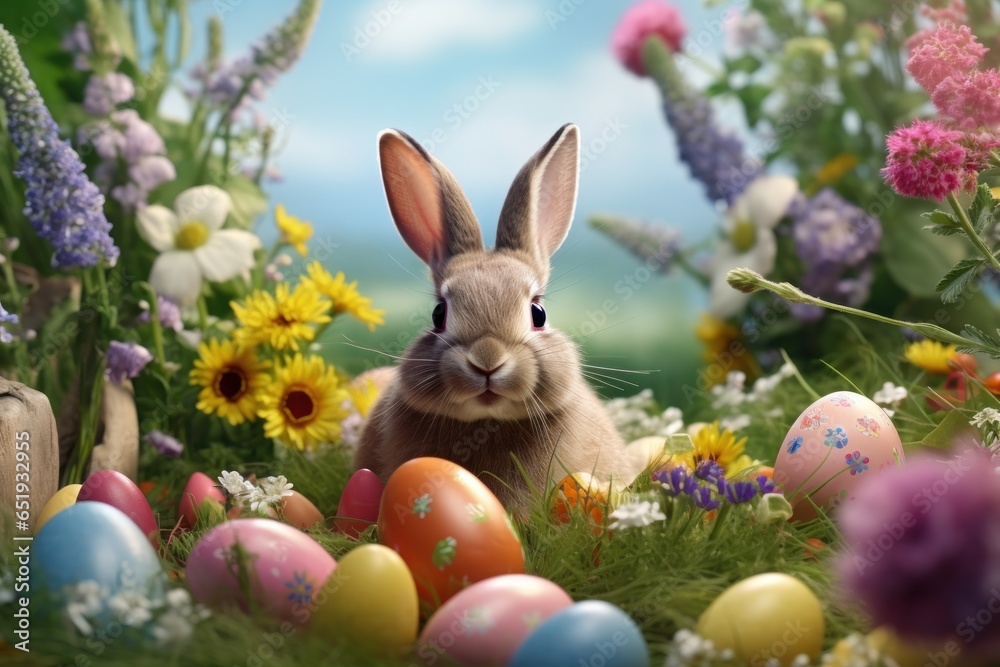 Poster a rabbit is sitting in a field filled with vibrant and colorful easter eggs. this image can be used 
