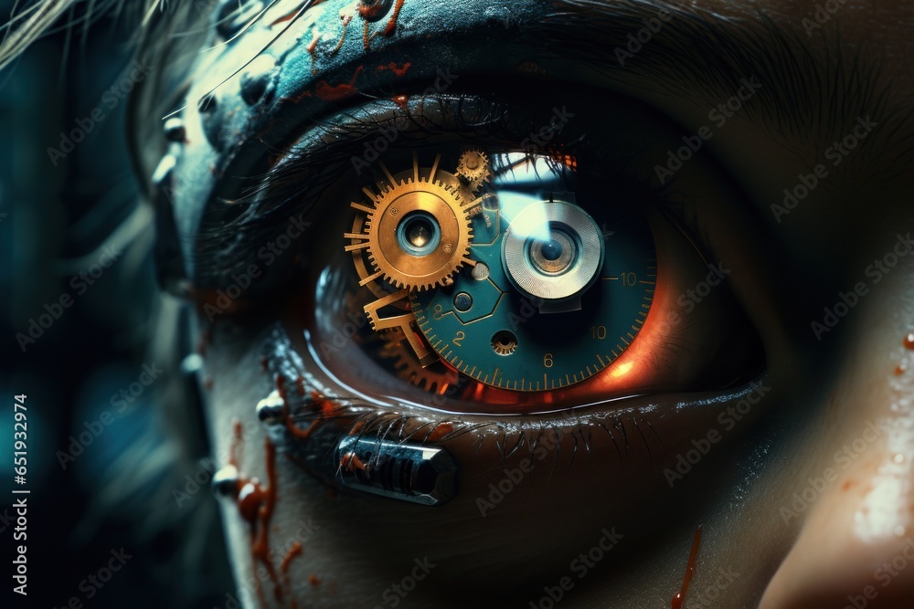 Poster A close-up view of a person's eye with a clock inside. This image can be used to represent the concept of time, deadlines, punctuality, or the passing of time.