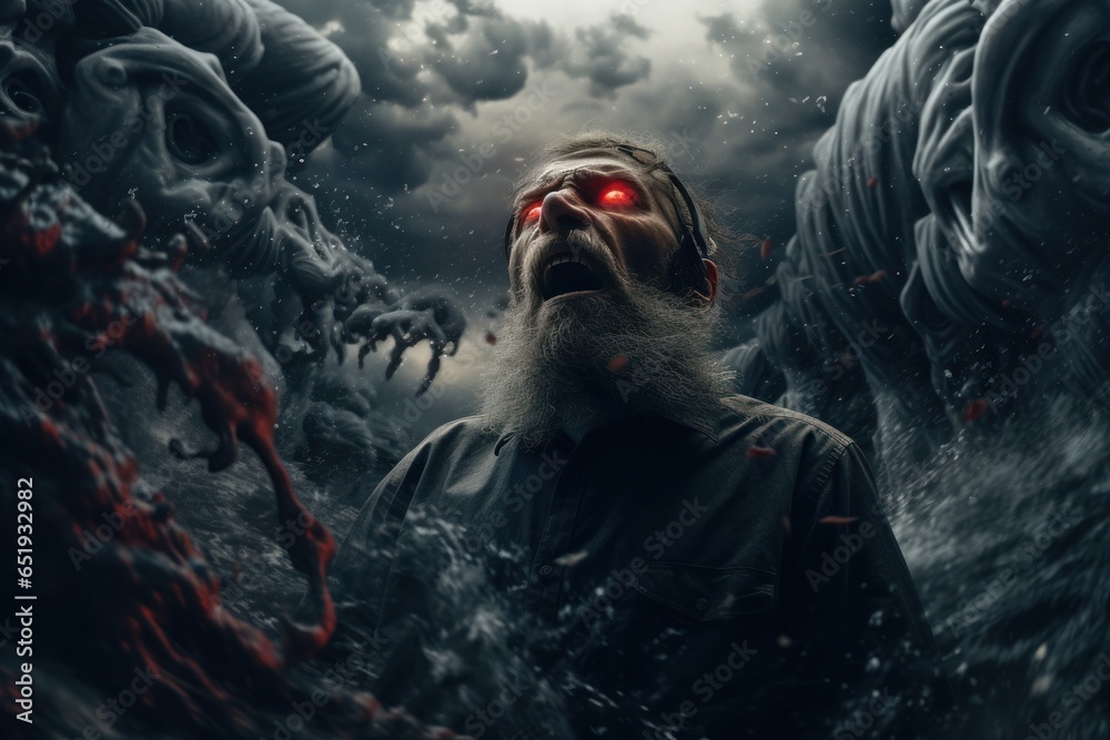 Poster A picture of a man with a long beard and striking red eyes. This image can be used to create a mysterious or menacing atmosphere in various projects.