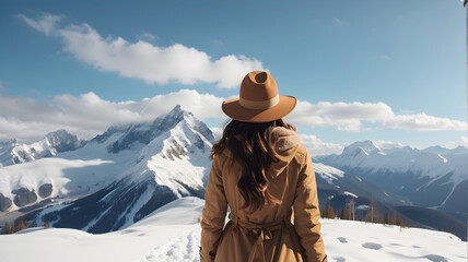 Winter wanderlust: Young traveler in hat gazes at snow-covered forest peaks. Scenic adventure in nature. Design AI.