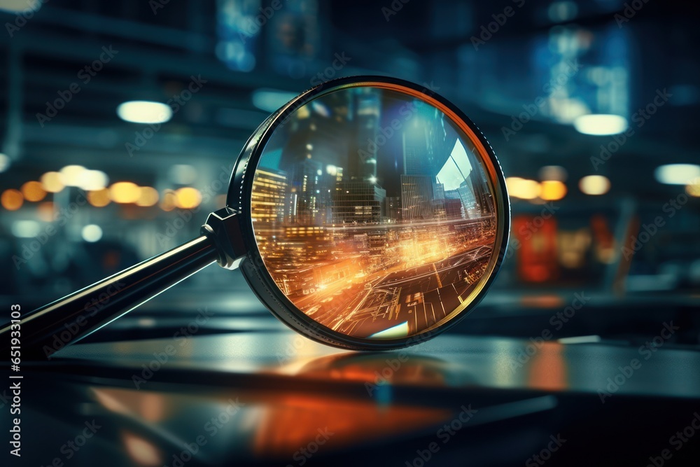 Poster A detailed close-up view of a magnifying lens placed on a table. This image can be used to depict concepts related to research, investigation, examination, or attention to detail.