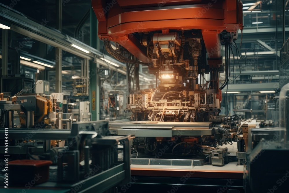 Poster An image of a factory with a large machine located in the center. This picture can be used to illustrate industrial processes and manufacturing operations.