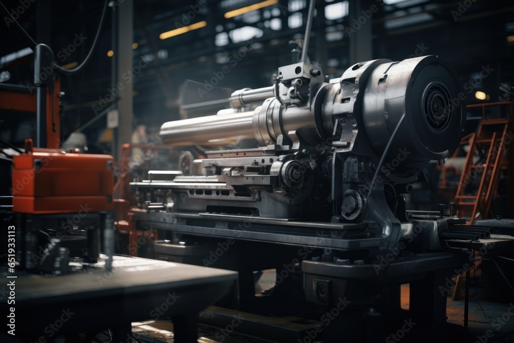 Aufkleber A picture of a machine in a factory with a red box in the background. This image can be used to depict industrial processes and manufacturing.