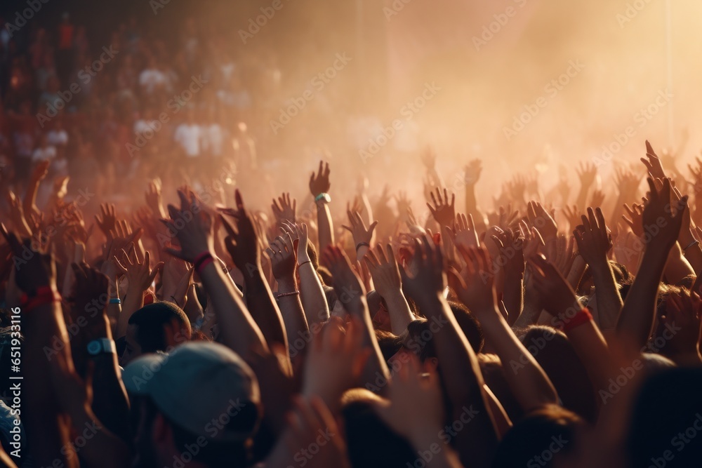 Poster a vibrant image capturing a large crowd of people with their hands raised in the air. perfect for il