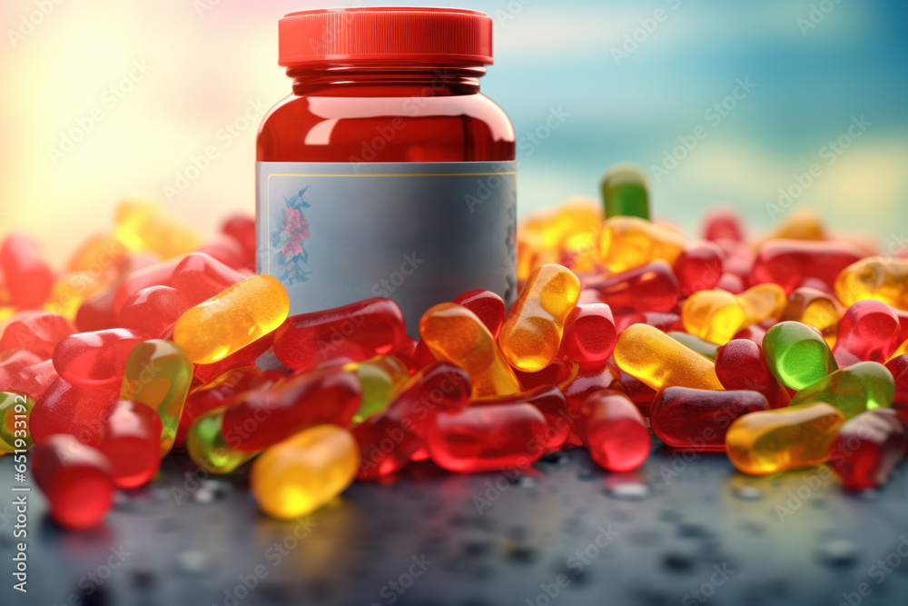 Poster a bottle of gummy bears placed on top of a colorful pile of gummy bears. this image can be used to s