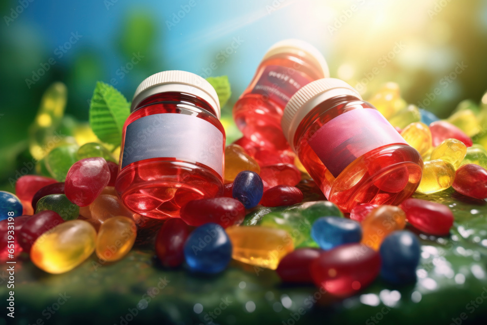 Aufkleber a close up view of two bottles filled with colorful gummy bears. perfect for candy lovers and sweet 