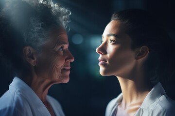 A touching image capturing a heartfelt moment between a woman and an older woman. This photo can be used to depict love, family relationships, care, and support. Ideal for illustrating generational co