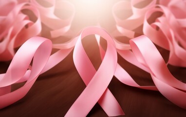 A girl with pink ribbons recovering from breast cancer - obrazy, fototapety, plakaty