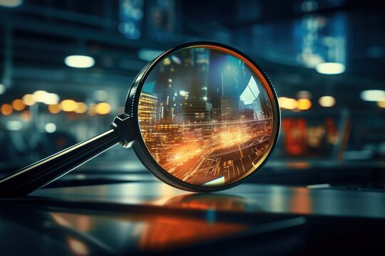 A detailed close-up view of a magnifying lens placed on a table. This image can be used to depict concepts related to research, investigation, examination, or attention to detail.
