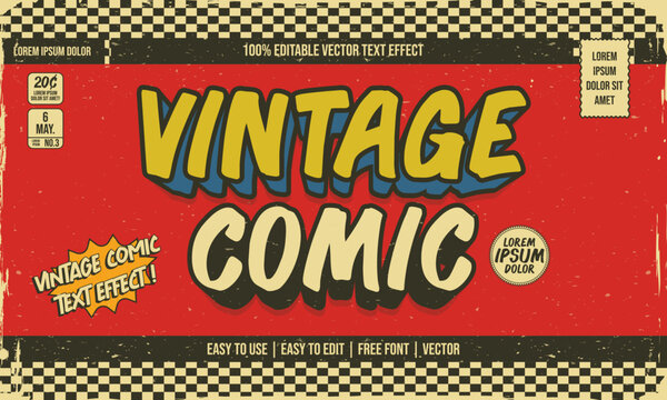 shabby worn vintage retro editable text effect in superhero cartoon comic style with grunge texture