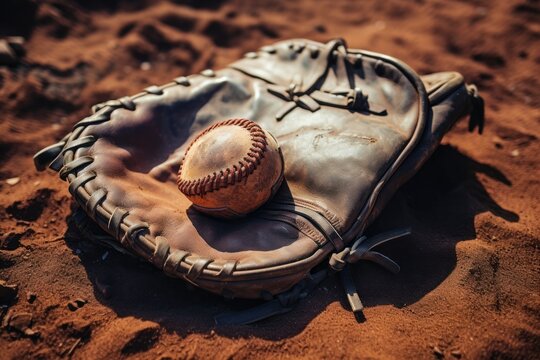 A baseball resting in a catcher's mitt on sandy ground. This image can be used to depict sports, baseball games, teamwork, or outdoor activities.