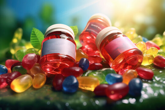 A close up view of two bottles filled with colorful gummy bears. Perfect for candy lovers and sweet treat enthusiasts. Ideal for use in advertisements, social media posts, or as a background image for