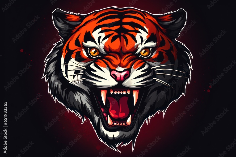 Poster A close-up view of a tiger's head with its mouth wide open, displaying its sharp teeth. This image can be used to depict the power and ferocity of the tiger, or to symbolize danger and aggression in v