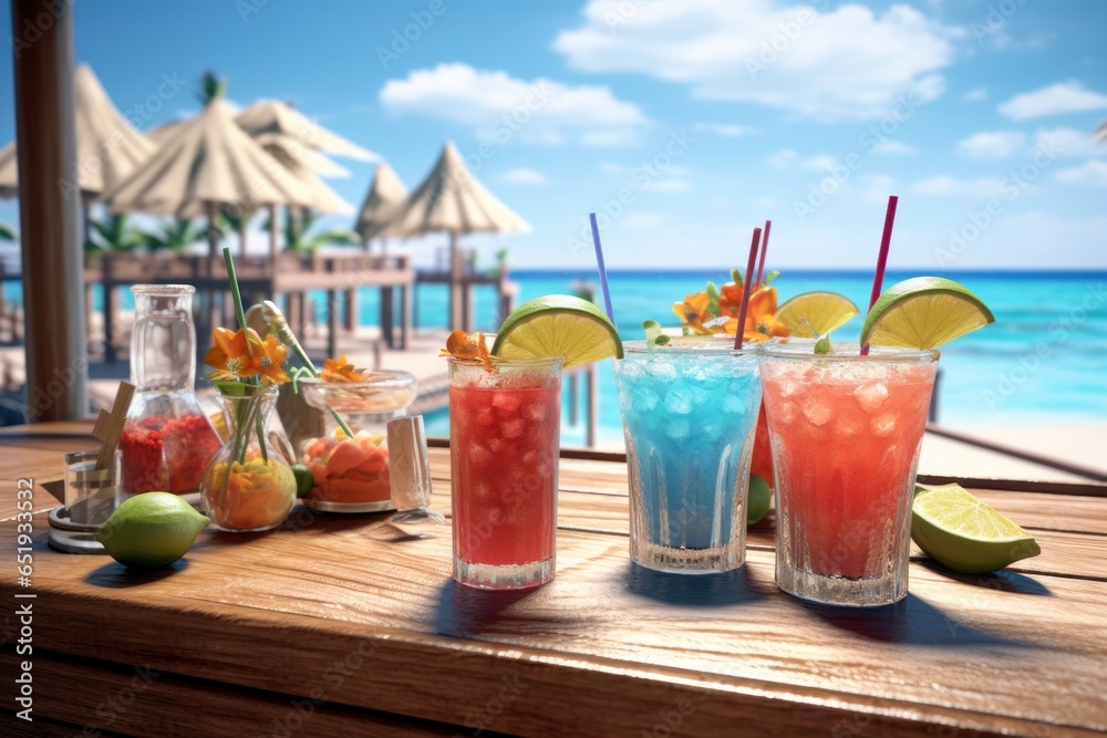 Poster a wooden table with three glasses filled with various drinks. perfect for showcasing a variety of be